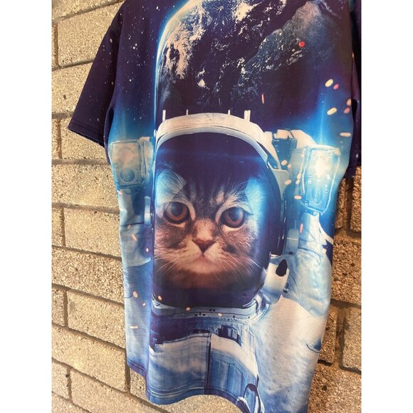 Astronaut Cat Graphic T-Shirt Large Space Galaxy Print Polyester/Spandex Unisex - Picture 6 of 6